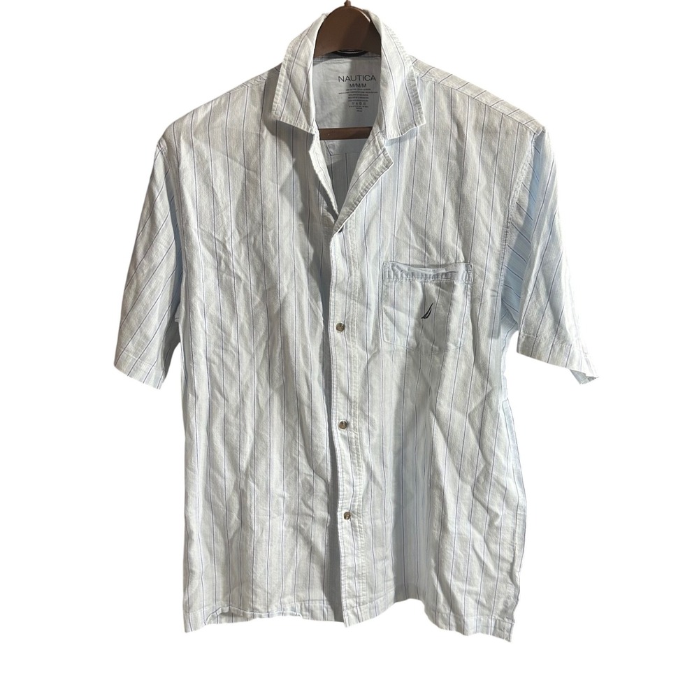 Nautica Mens Striped Short Sleeve Button Up Shirt M/M/M Light Blue Casual Beach‎